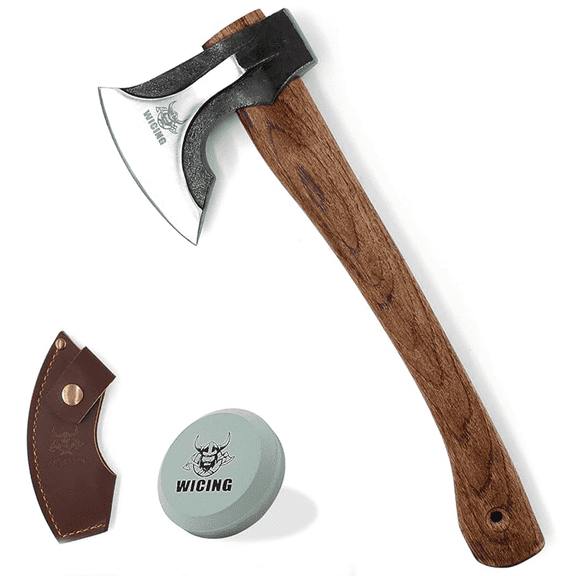 WICING 14.2" Camping Splitting Axe - 1065 High Manganese Steel Blade, Hickory Handle with Leather Sheath, Ideal for Chopping & Outdoor Use