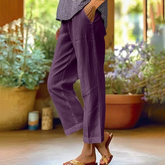 BLCHUNen Linen Pants for Women Cropped Lightweight Loose Breathable Casual Elastic Waist Workout Pants with Pockets