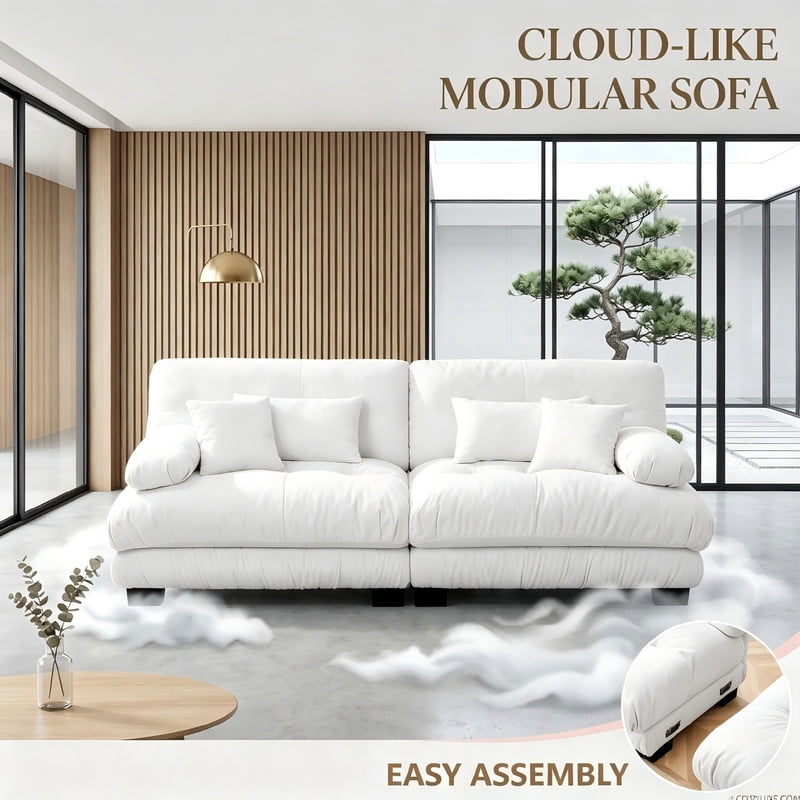 ANPPORT Cloud Couch Sleeper Sofa, Chenille White 2-Seater Modular Sofa, 2 Lumbar pillows, 2 Pillows, Comfy Deep Seat Cloud Sofa, Convertible L-Shaped Floor Couch for Living Room