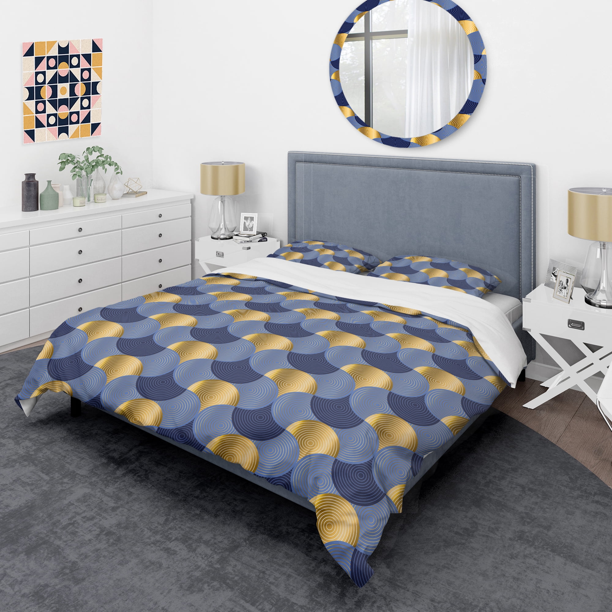 Designart 'Retro Luxury Waves In Gold And Blue VIII' Mid-Century Modern Duvet Cover Set