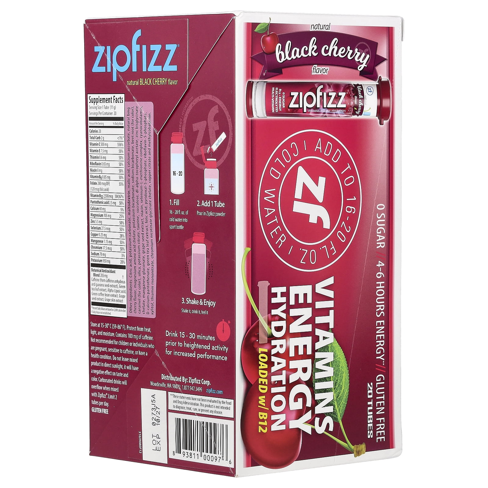Zipfizz, Energy Drink Mix, Black Cherry, 20 Tubes, 0.39 oz (11 g