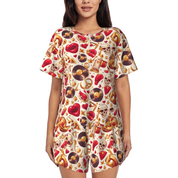 Fotbe Skull Retro record lips Conjunto de Pijama Estampado para Mujer, 2 Piezas, Ropa de Dormir con Camiseta de Manga Corta y Shorts Suaves-3X-Large