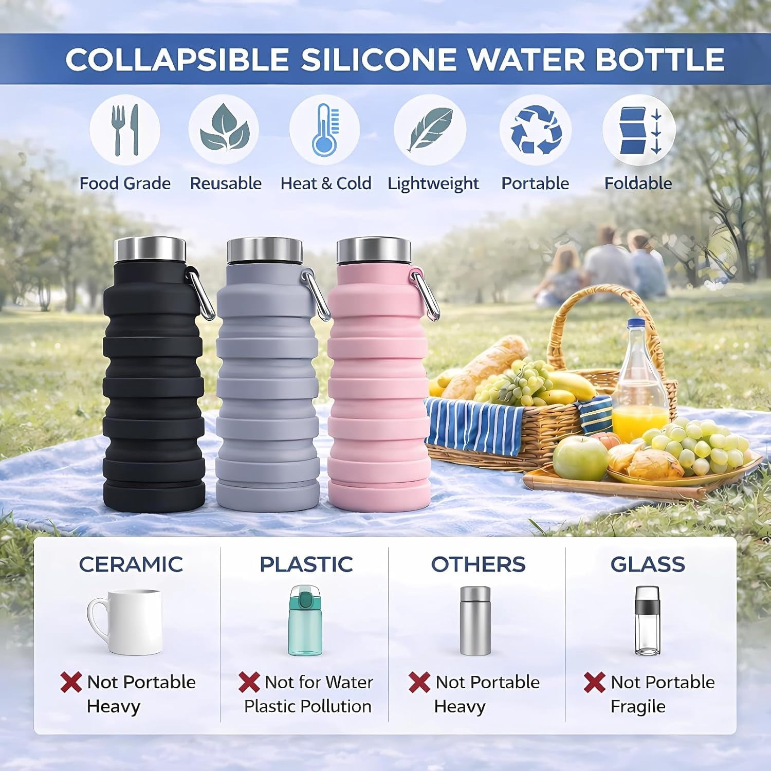 Collapsible Water Bottles,Portable Reusable Silicone Water Bottle,Leak-proof,with buckle,storage,Lightweight Durable for Fitness,Cycling,Sports,Camping,Hiking (Black+Green) Green