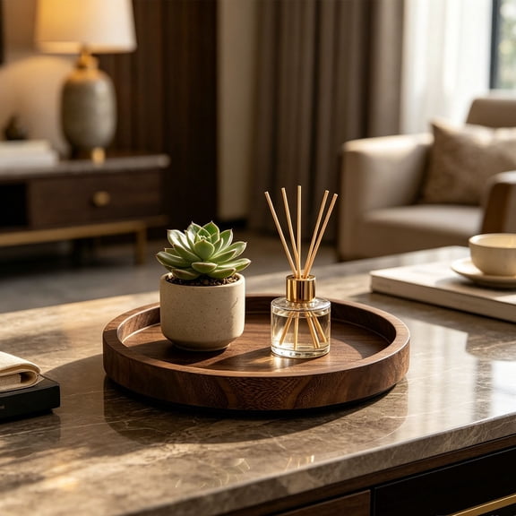 Round Wooden Storage Tray Solid Wood Decorative Catchall Tray Farmhouse Circular Candle Holder Plate Centerpiece Tray For Coffee Table Bathroom Counter Living Room Decor