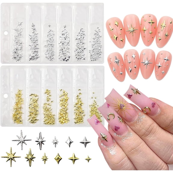 400Pcs Star Nail Charms for Nails Art 3D Gold Silver Star Nail Charms Metallic Studs Rhinestones Stars Nail Jewelry Decorations Manicure Kit Supplies Accessories for Women Acrylic Manicure Salon