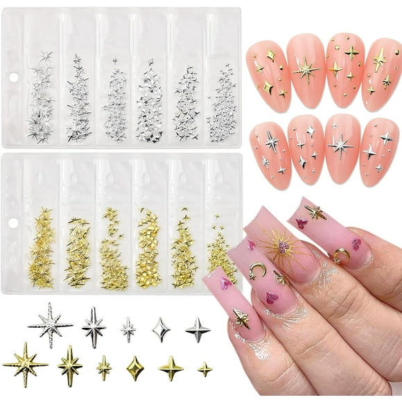 400 dijes de uñas de estrella para uñas, arte en 3D, dor, plate, estrella, tachuelas metálicas, diamantes de imitación, decoración de uñas, kit de manicura, accesorios para mujeres, salón de