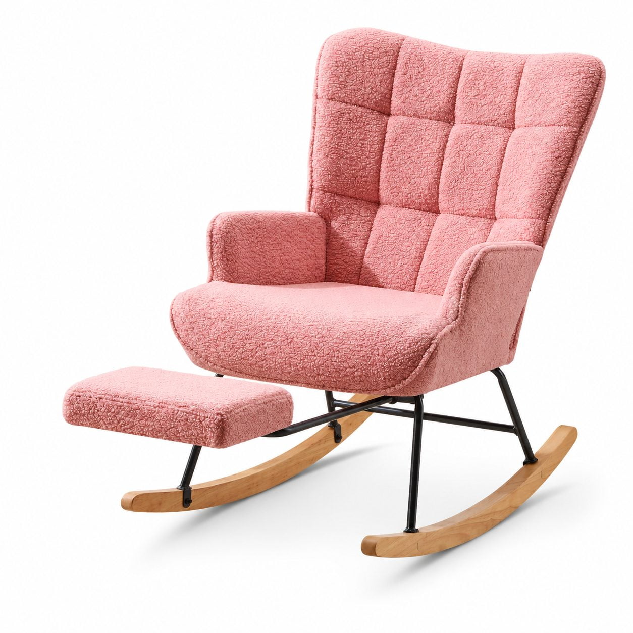 Pink Teddy Upholstered Glider Rocking Chair with Retractable Footrest, High Back Support, Solid Wood Base, Modern Accent Chair for Reading, Bedroom Living Room