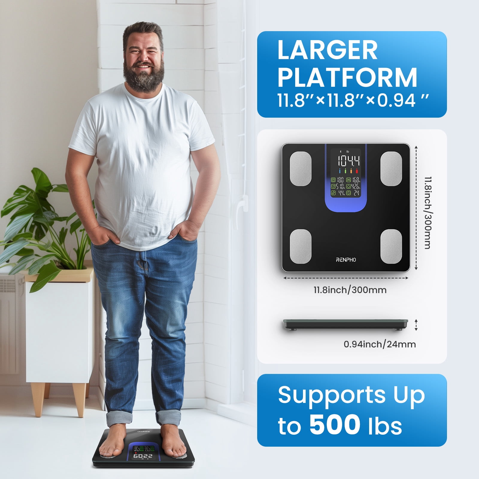 RENPHO Smart Scale for Body Weight, Weight Scale with 7-in-1 Large Display for BMI, Body Fat, Muscle Mass, 13 Body Composition, High Accurate Bluetooth Scale, 500lbs, Black