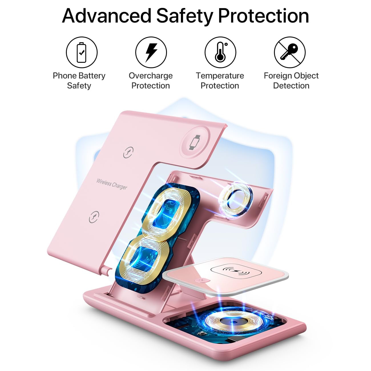 3-in-1 Wireless Charger: Fast Charge for iPhone/Apple Watch/AirPods – Foldable, Pink
