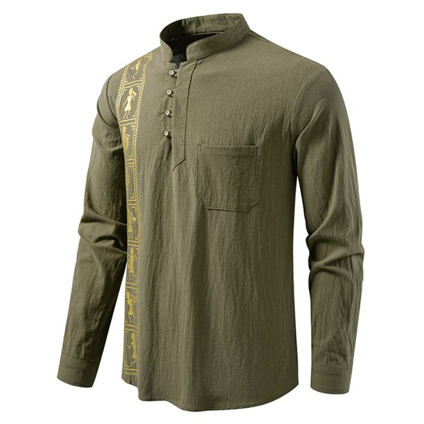 Blusa y camisa de manga larga con cuello alto para hombre, informal, a la moda, con botones estampados, de poliéster
