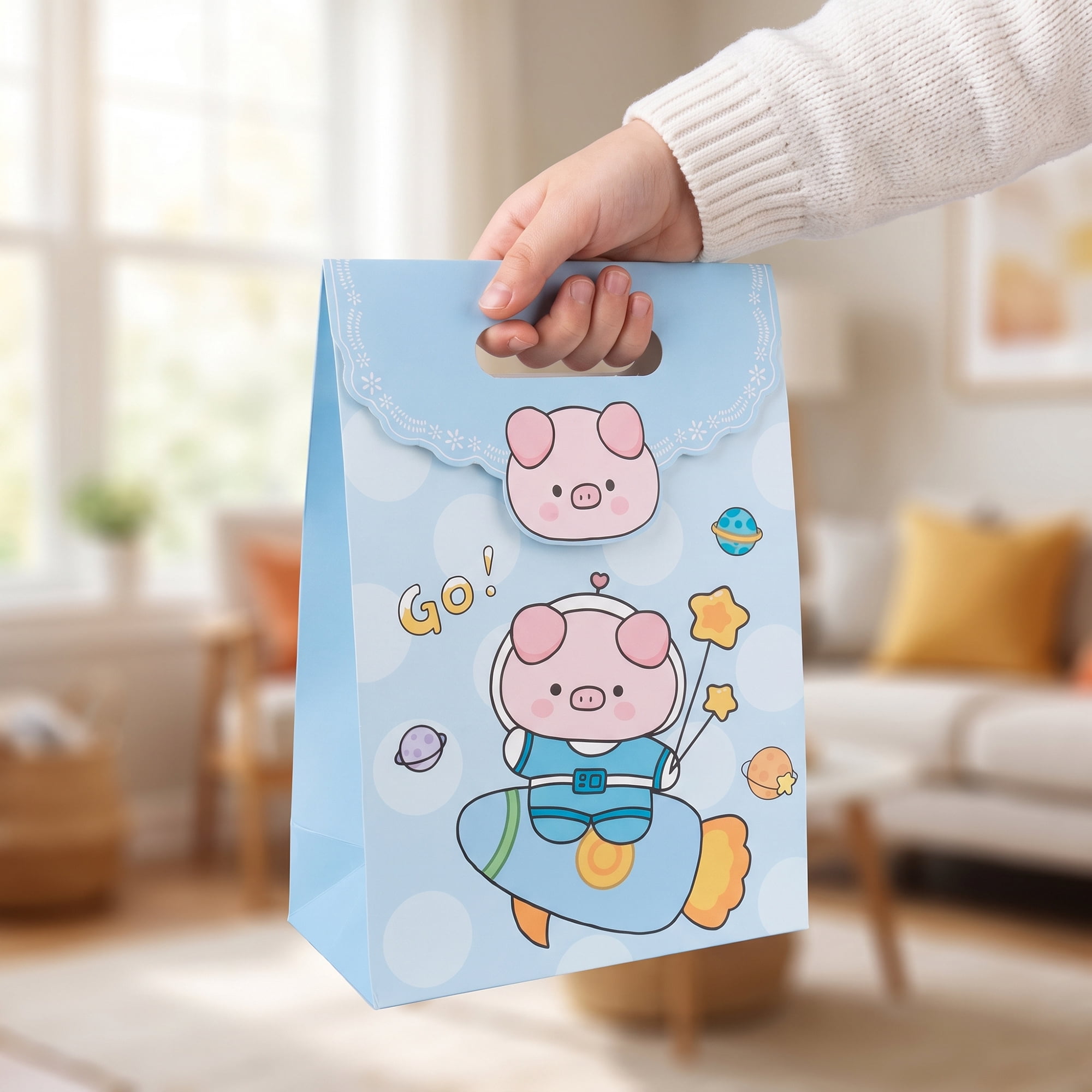 Unique Bargains Stylish Gift Bags with Comfortable Handles Blue Pig 7.5" x 3.5" x 10.6"