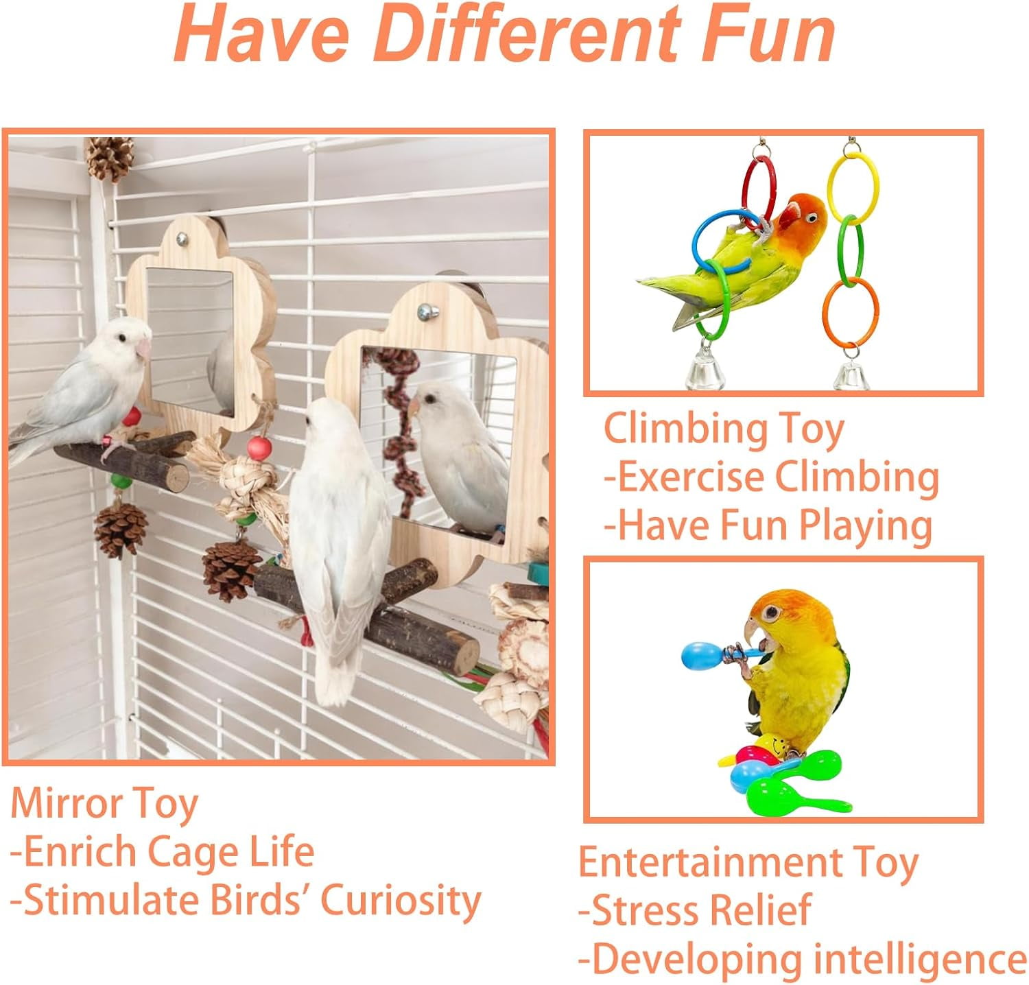 Bird Mirror with Perch, Cage Mirror, Parakeet Toys with Chew Toy, Bird Cage Accessories for Parrot Conure Lovebirds Finch Canaries