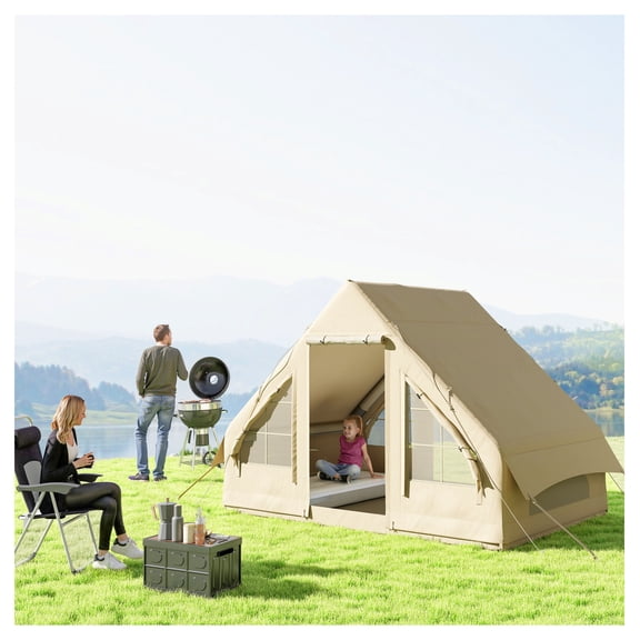 Inflatable Camping Tent, 4-6 Person Blow Up Tent, Waterproof Family Tent with Pump, 4 Season Glamping Tent with Mesh Windows & Doors