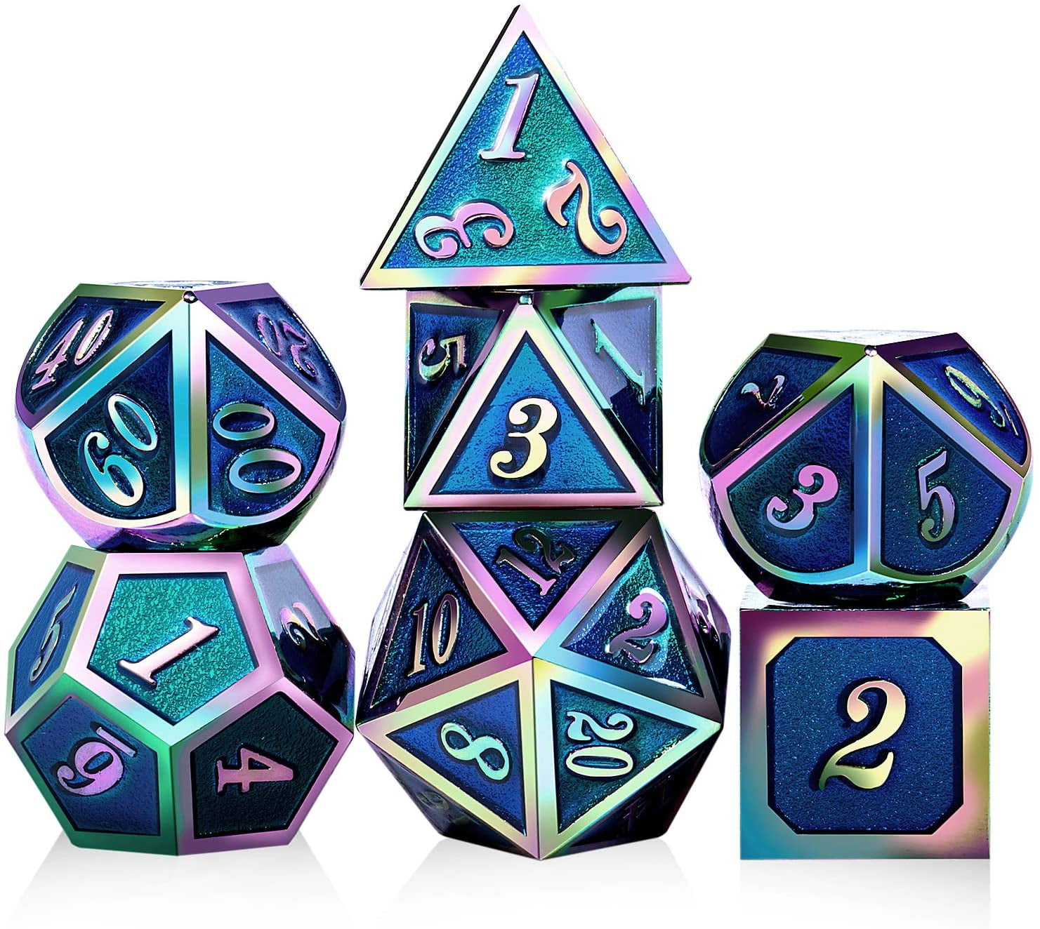 D&D Dice 7pcs Metal Polyhedarl Rainbow DND Dice Set with Metal Box for