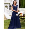 thumbnail image 6 of Blue V-Neck Sequin Lace Short Sleeve A-Line Evening Gown, 6 of 30