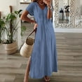 thumbnail image 2 of Admvng Dresses for Women Fashion V-Neck Loose Short Sleeve Solid Loose Split Long Vacation Dress S-2XL, 2 of 5