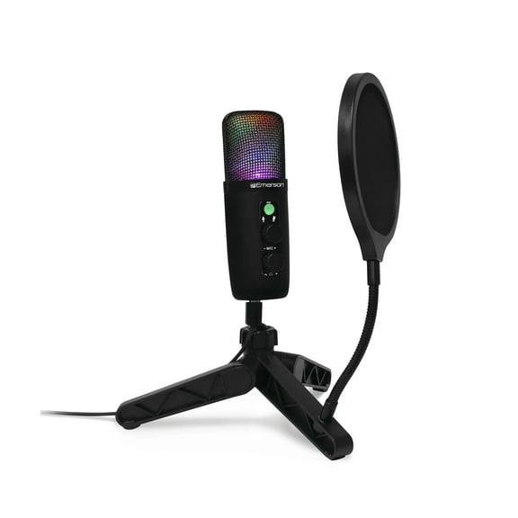 Emerson EAM-9052 USB Gaming & Streaming Condenser Microphone with LED Lighting and Pop Filter, Black
