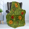 thumbnail image 4 of Floral Soft Flannel Fleece Throw Blanket, Funky Flower Foliage Bush with Fractal Retro Jungle Art Design, Cozy Plush for Indoor and Outdoor Use, 50" x 70", Olive Green Vermilion, by Ambesonne, 4 of 5