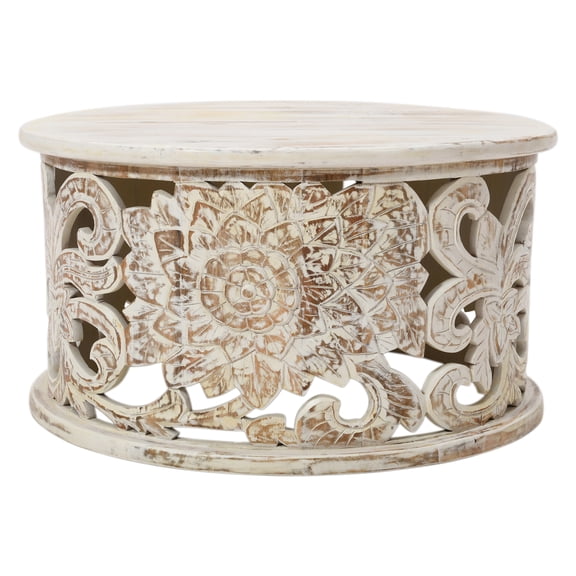 Alina Coffee Table Handcrafted Mango Wood Floral Carved Cut Out Design 33 Inch