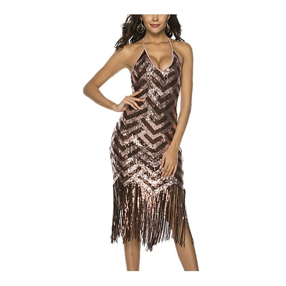 Chevron Stripe Sequin Fringe Hem NYE Christmas Holiday Wedding Party Dress Wear