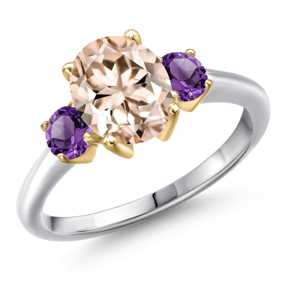 Gem Stone King 925 Silver and 10K Yellow Gold Peach Morganite and Purple Amethyst Engagement Ring for Women | 2.10 Cttw | Oval 9X7MM | Gemstone October Birthstone | Size 9