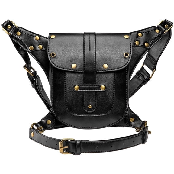 Jiibva Gothic Punk Rivet Purse Satchel, PU Leather Shoulder Crossbody Top-Handle Bag Tote Handbag, Retro Trends Black Shoulder Waist Bags for Men Women