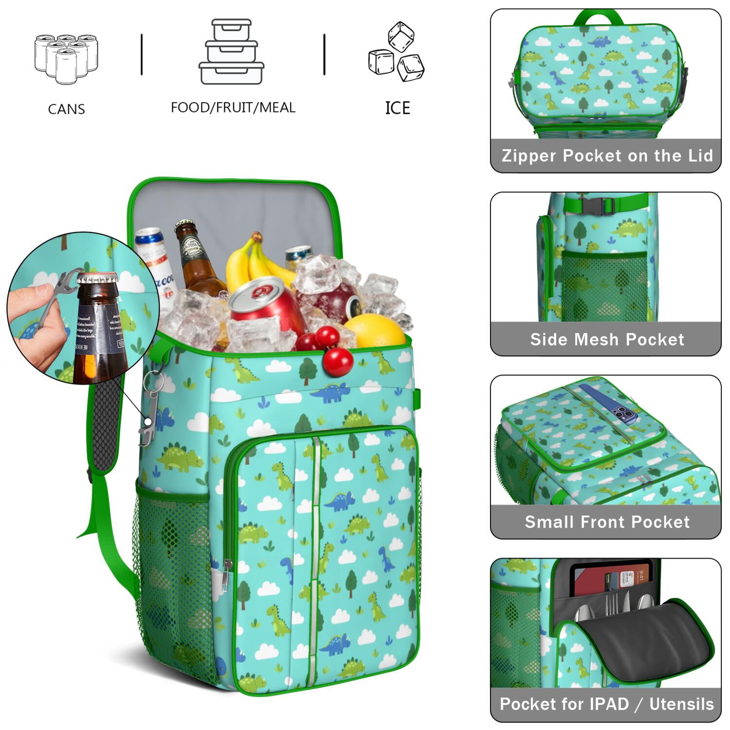Travel Cooler Bag - LightBlue Cartoon Dinosaurs Trees Clouds Pattern Camping Beer Cooler Backpack with Bottle Opener- Waterproof Insulated Picnic Backpacks - Cooler Bag for Beach