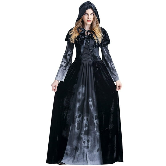PROTAURI Women Drama Witch Costume Hooded Lady Skull Dress Vampiress Outfit Fancy Dress