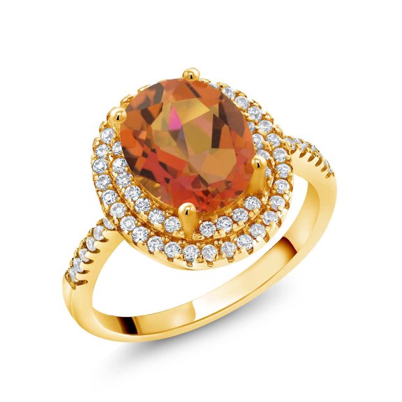 Gem Stone King 18K Yellow Gold Plated Silver Halo Engagement Ring Mystic Quartz Moissanite (2.23 Cttw)