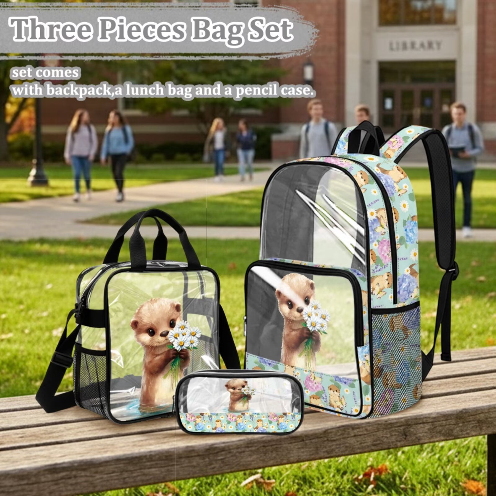 Xixirimido Capybara Daisy Hydrangea Print Clear Backpack 3Pcs Set for Boy Girls PVC See Through Transparent 17in Backpack with Clear Lunch Box & Pencil Case Kids School Stadium Bag Set