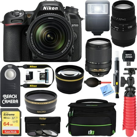 Nikon D7500 Black Digital SLR Camera with 18-140mm VR & 70-300mm f/4-5.6 SLD DG Macro Telephoto Lens + Accessory