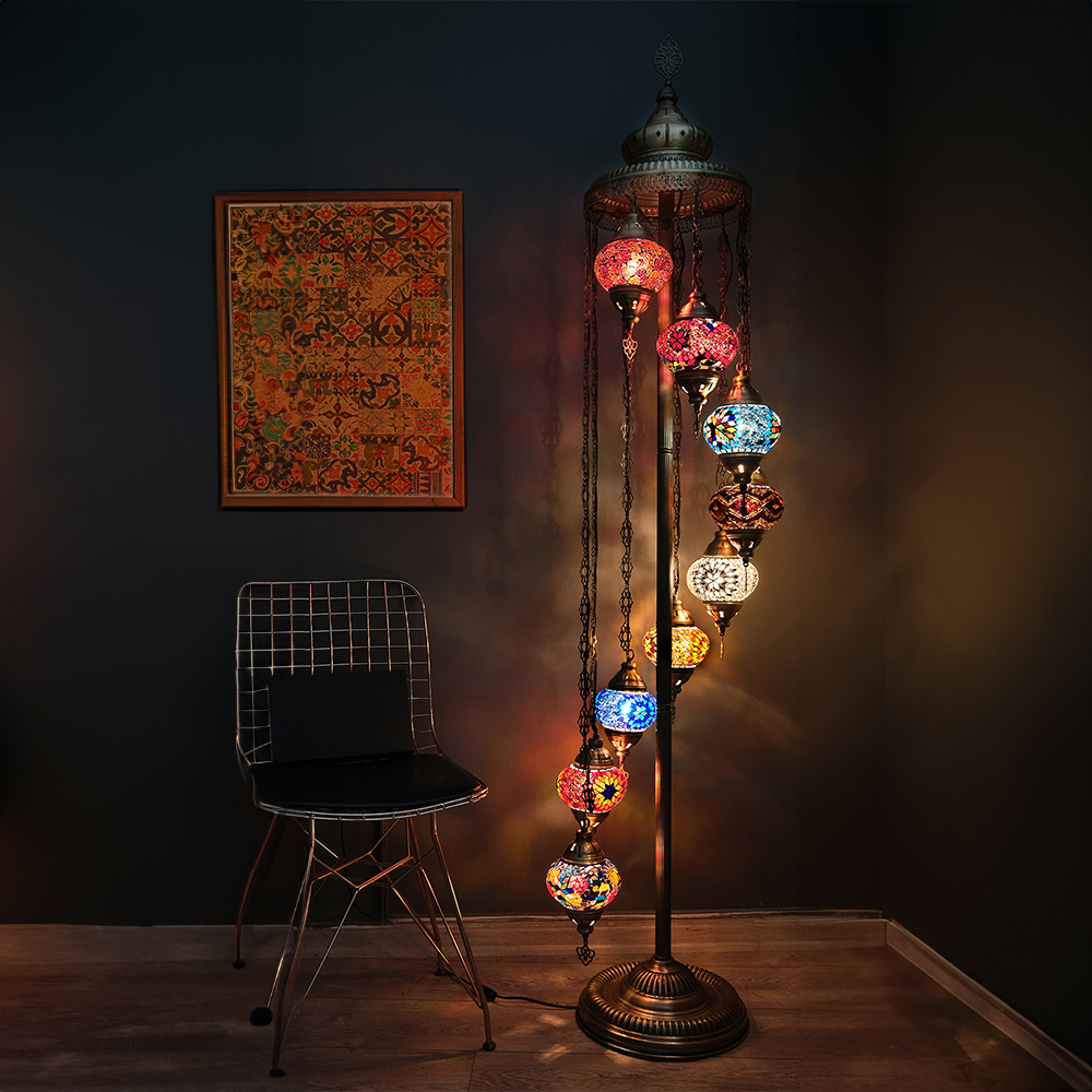 Asylove Turkish Lamp 9 Globe Mosaic Floor Lamp, Mosaic Standing Lamp 9 Globe Mosaic Moroccan Lamps Floor Lamp for Decorative Home Designs Offer 5 inch Globe - Total Height 70 inch