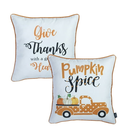 Decorative Fall Thanksgiving Throw Pillow Cover Set of 2 Pumpkin Truck & Quote 18 in. x 18 in. White & Orange Square for Couch, Bedding