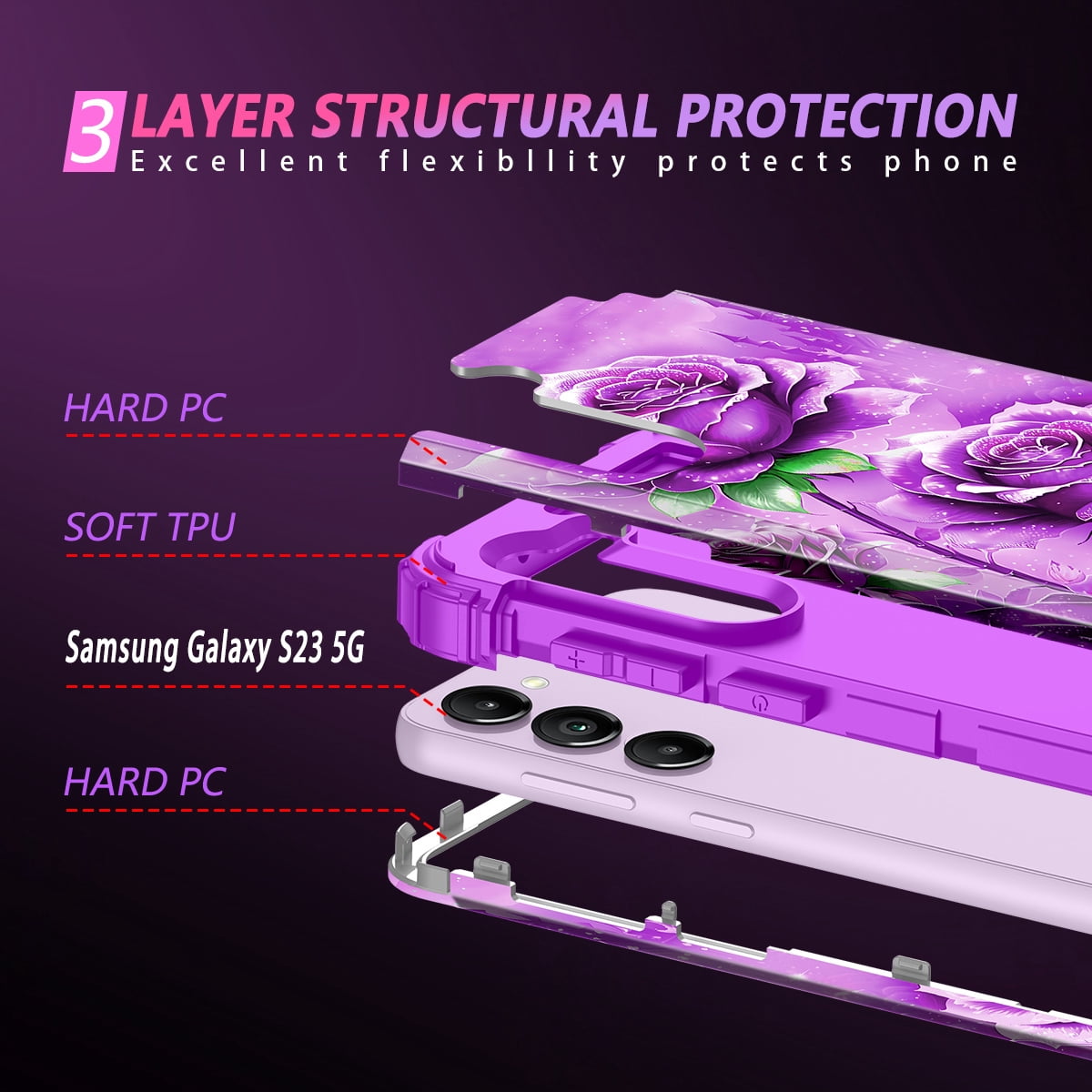 Casetego for Samsung Galaxy S23 5G Case,Glow in The Dark Three Layer Heavy Duty Shockproof Protection Hard Plastic Bumper+Soft Silicone Protective Case,Amaranth Purple