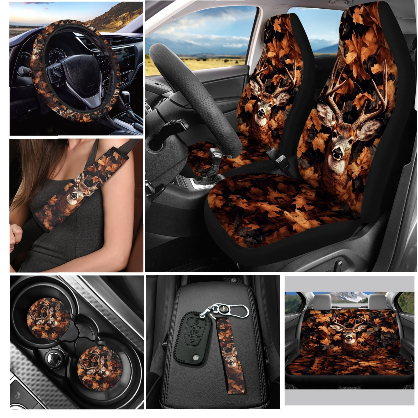 Yuyamidu 12 PCS Deer Car Seat Covers Set Camo Hunting Steering Wheel Cover Seat Belt Covers Coasters Keychain Wristlet Strap Keyring Chapstick Sleeve