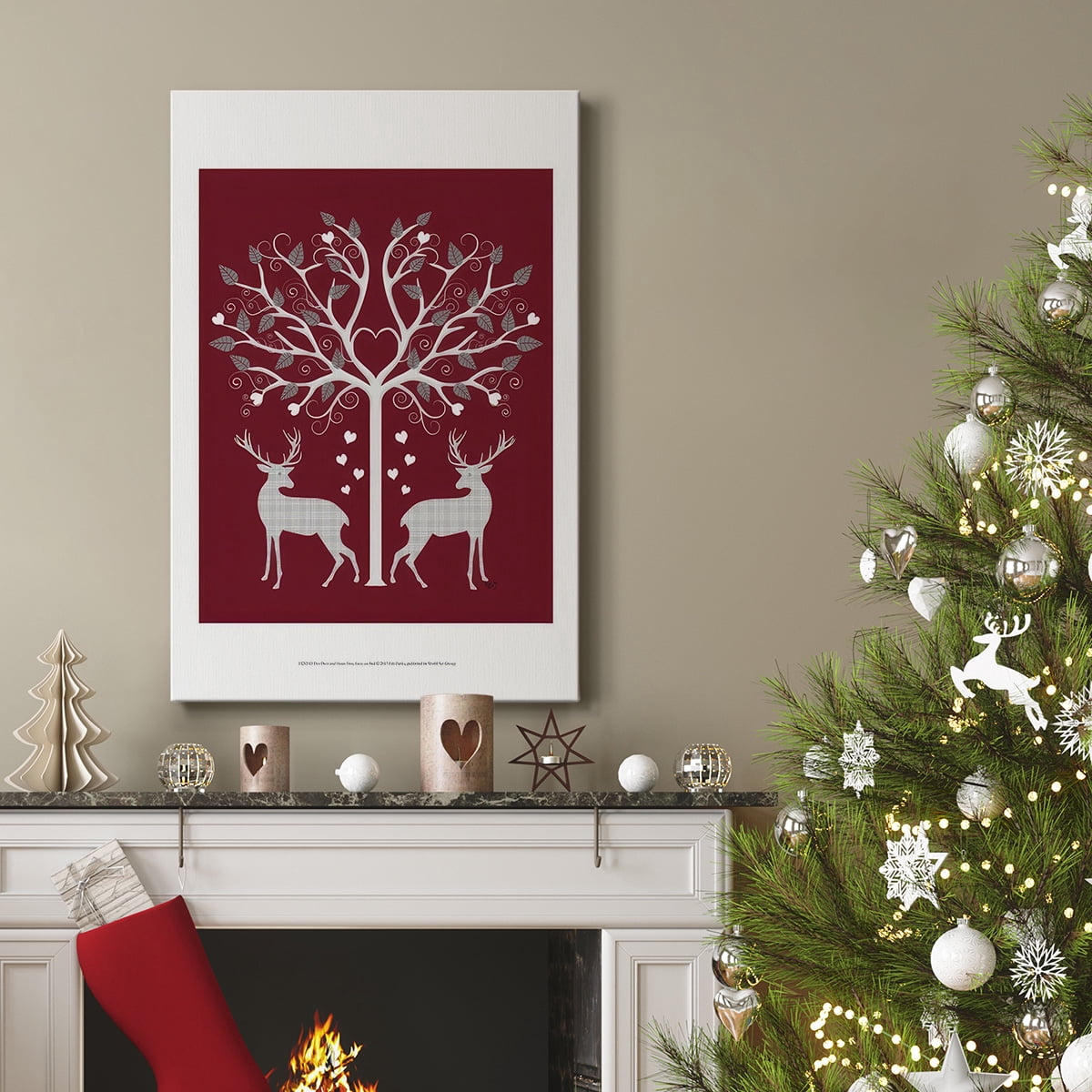 Christmas Des - Deer and Heart Tree, Grey on Red- Gallery Wrapped Canvas
