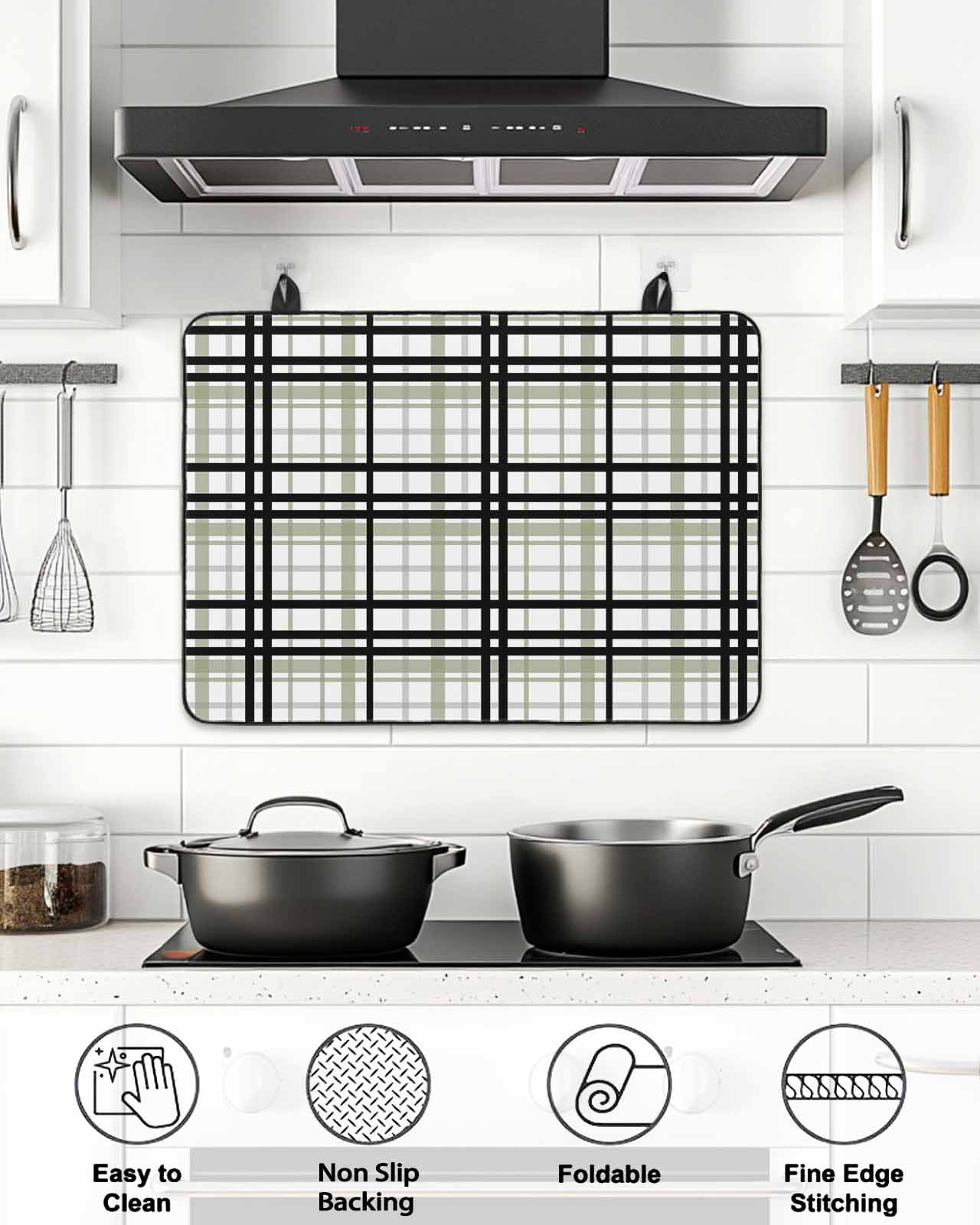 Stove Top Covers for Electric Stove, Sage Green Black Plaid Glass Stovetop Cover Protector, Farmhouse Green Black Checkered Induction Cooktop Protector Oven Mat for Kitchen Countertop 24"x21"