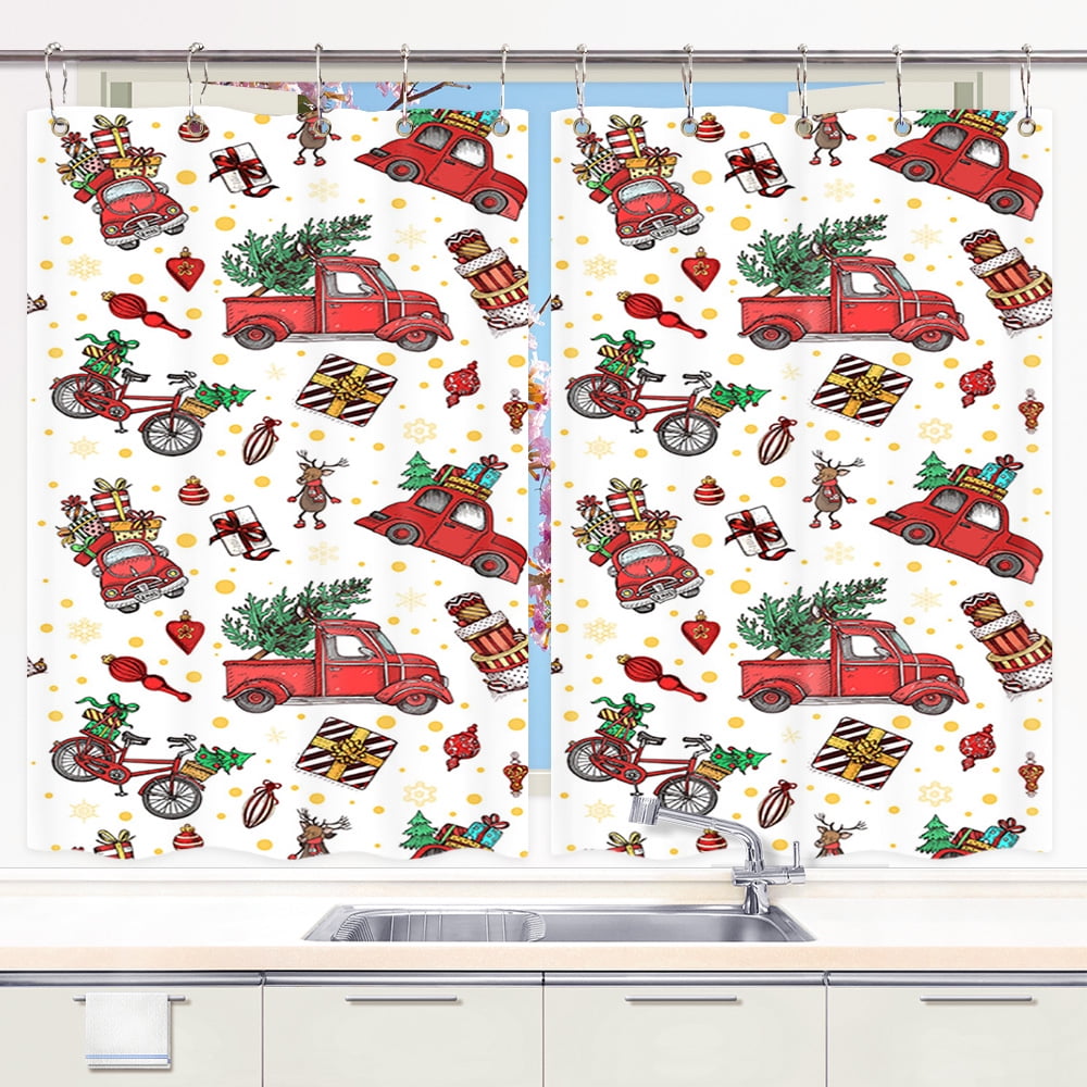 Christmas Kitchen Curtains, Farmhouse Truck Winter Holiday Xmas Trees