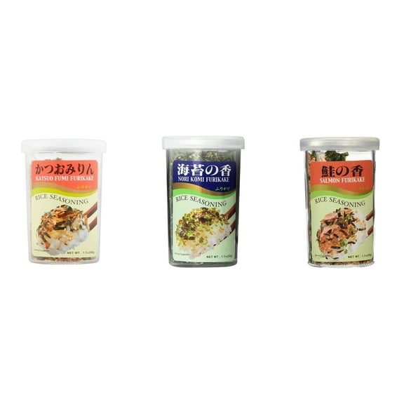 Ajishima JFC Rice Seasoning Fumi Furikake 3 Flavor Mixed Bundle (Katsuo,Nori Komi,Salmon) Plus NineChef Brand Long Handle Coffee Spoon