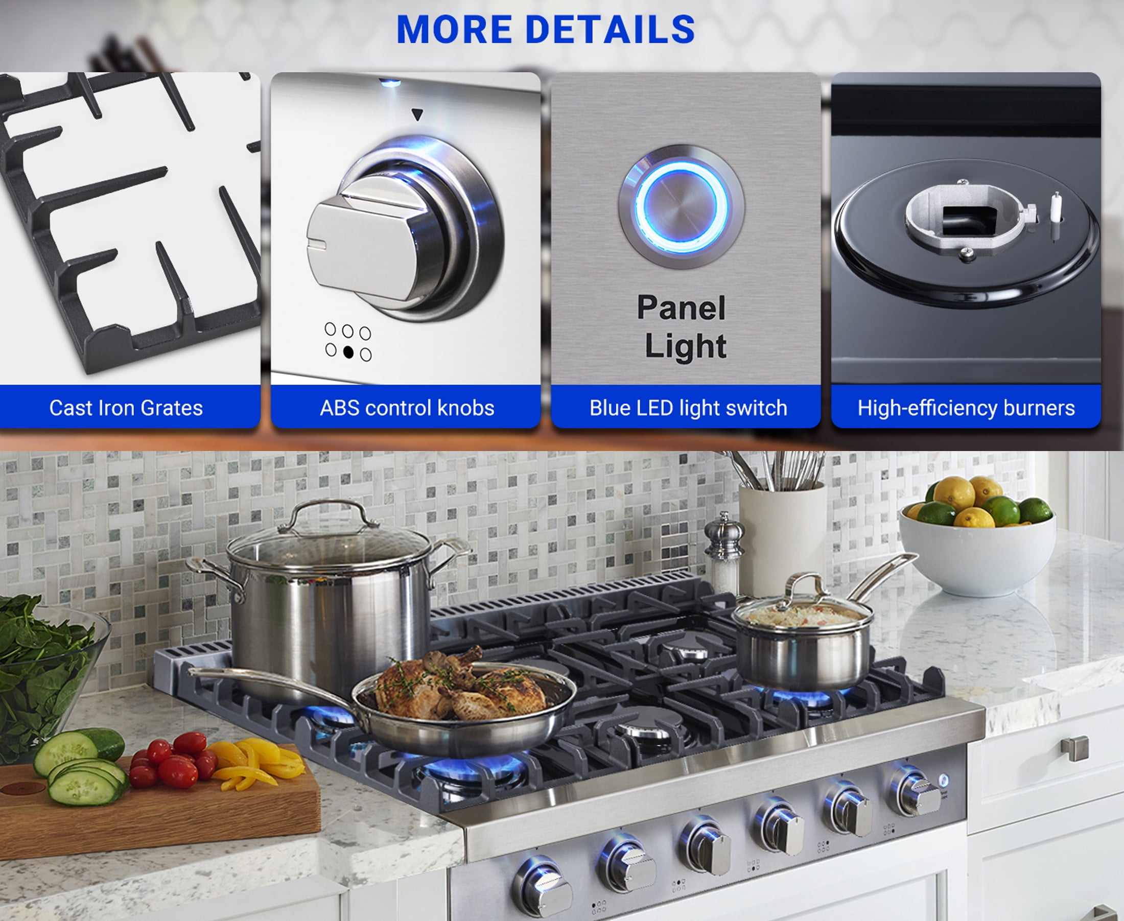 Sunmaki Gas Cooktop 36 inch Built-in Gas Stove with 6 Sealed Burner for Cooking, Gas Grilling, Propane Cooktop NG/LPG Switch