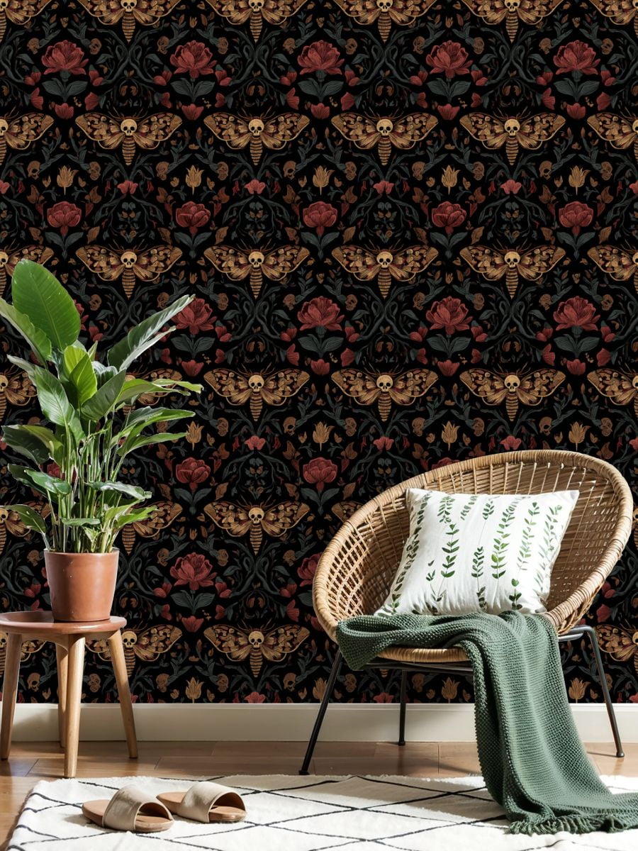Vintage Peel and Stick Wallpaper Dark Gothic Moth Skull Red Flowers Botanical Wall Mural 17.7in x 9.8ft Self Adhesive Removable Wall Paper Renter Friendly Wallpaper for Nursery Bedroom Cabinets