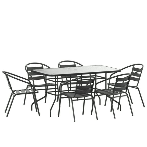 Flash Furniture Lila 7-Piece Glass Rectangular Patio Table and Slat Back Chairs Set, Black