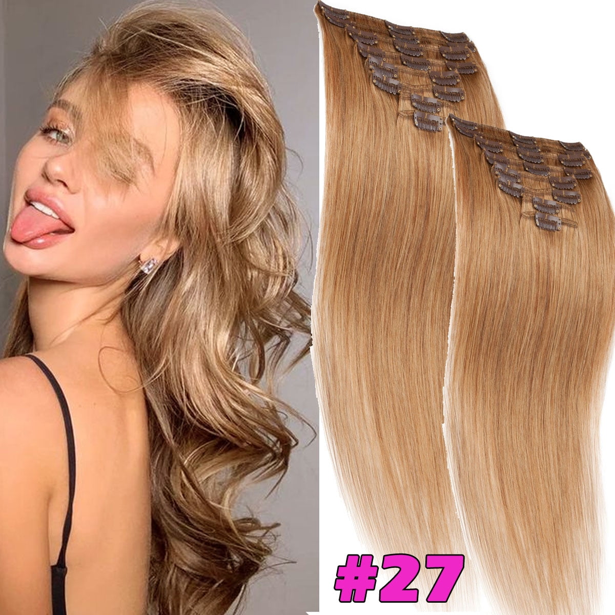 HAIRRO Clip In Human Hair Extensions, Brazilian Hair 8pcs/18Clips Dark Brown to Chestnut Brown Balayage Hair Extensions Full Head Silky Straight 100% Human Hair Clip In Extensions 8Inch-24inch