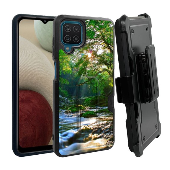 ANJ  Rugged Dual Layer Shockproof Holster Case w/Card Slot, Kickstand   Tempered Glass for Samsung Galaxy A12 - Forest Stream