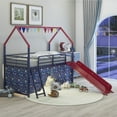 thumbnail image 2 of Bellemave Twin Loft Bed with Slide, Metal Junior House Bed with Curtain Set, Low Loft Beds Frame with Pennant Banner Flag and Star Stickers（Blue+Red）, 2 of 9