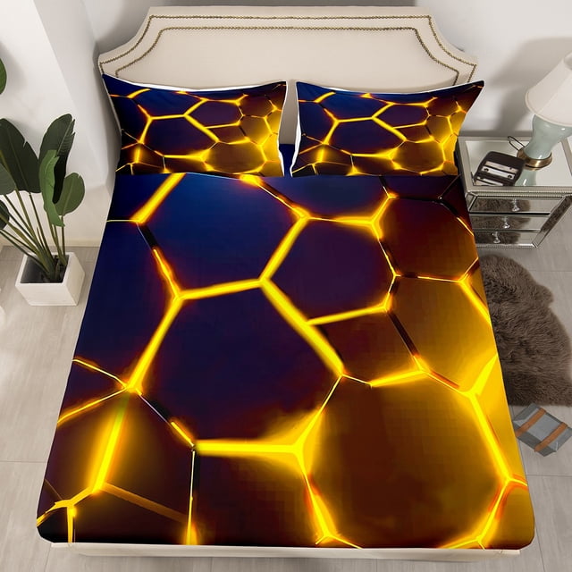 Erosebridal Abstract Ombre Fitted Sheet Set Queen, Futuristic Striped Bedding Queen Size, Geometry Honeycomb Decor,(No Top Sheet)
