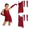 thumbnail image 3 of TiaoBug Girls Sequins Latin Dance Dress Tassel Leotard Fringed Bodysuit with Gloves Ballroom Dancing Outfit Burgundy 6, 3 of 6