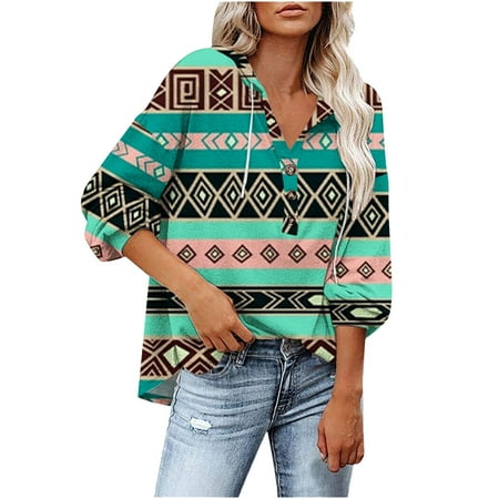 

jsaierl Womens Oversized Hoodies Sweatshirts Long Sleeve Ethnic Printed Button Down Henley Pullover Shirts