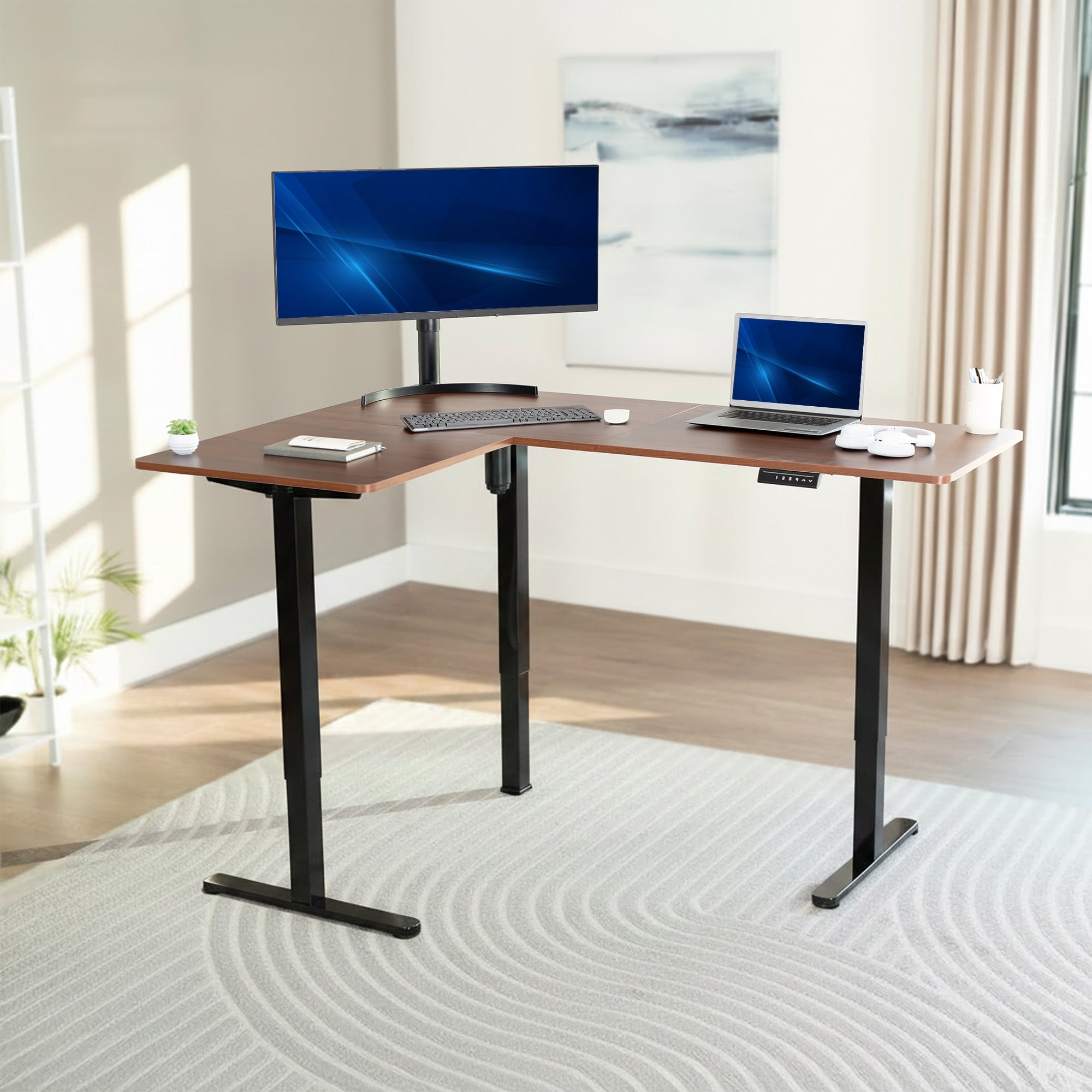 VIVO Dark Walnut / Black Electric 63" x 47" Corner Standing Desk