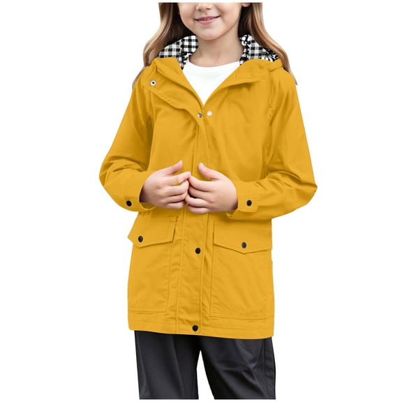 felwors Rain Jacket for Tween Girls Waterproof Hooded Raincoats Full Zip Lightweight Windbreaker Striped Lined Hoodie Windproof Coat Yellow, 13-14 Years